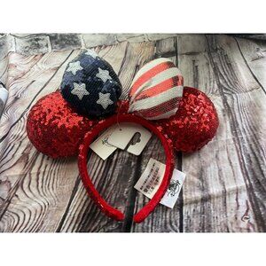 Disney Parks Minnie Mouse Americana Sequined Ear Headband with Bow  USA America